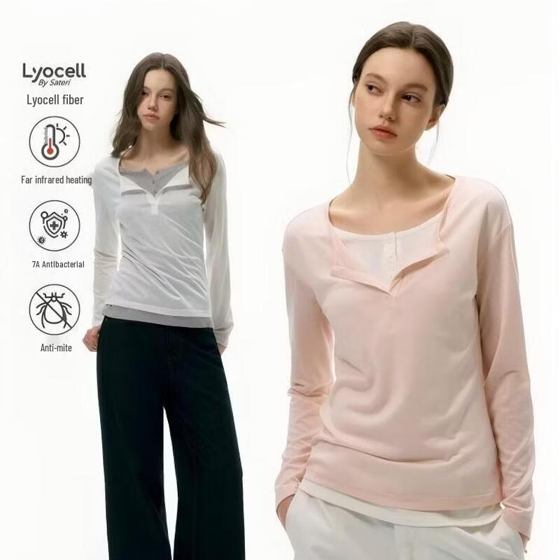 ICH MODE Faux Two-Piece Lyocell Henley T-Shirt S