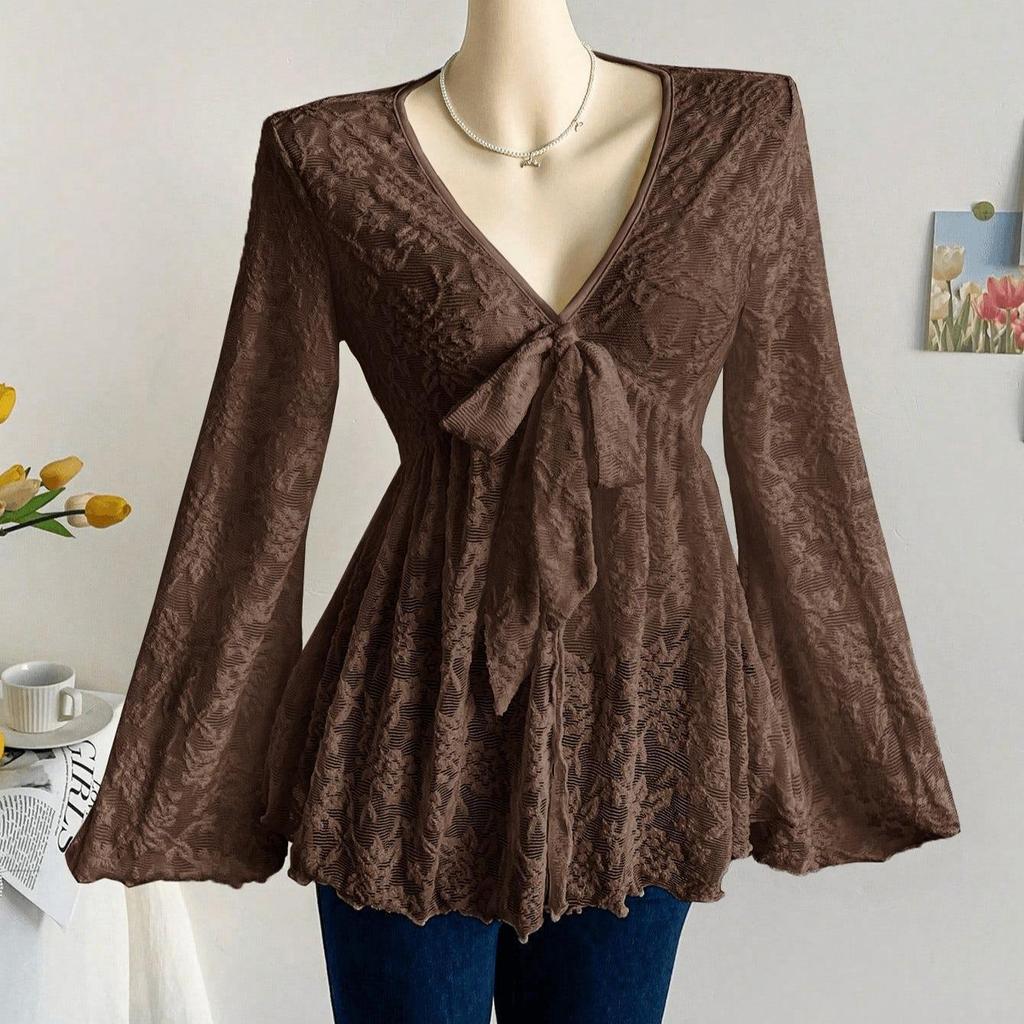 Brown Floral Print Deep V-Neck Long Sleeve Blouse with Bow and Ruffle Hem