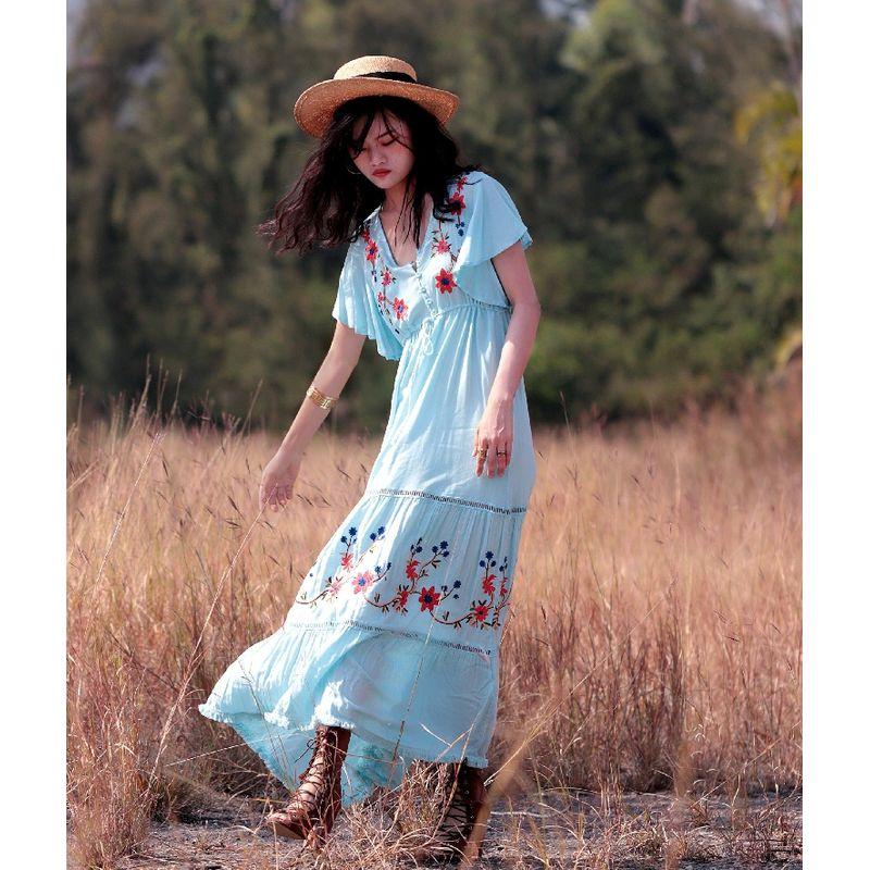 

Free Spot Goods European and American Tassel Dress Holiday Embroidery Light Blue S