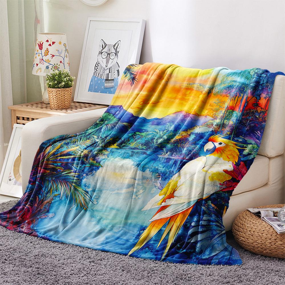 Rainforest Parrot Print Flannel Blanket, High Quality Comfortable for All Seasons, Home Decor, Warmth and Comfort, Perfect for Christmas Gifts