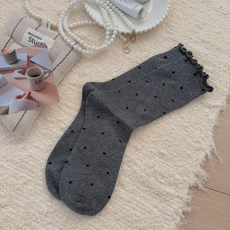 Thin Lace Socks - Children's Mid-length Socks with Wooden Ear Cuffs, Versatile with Bold Patterns, Long and Piled-up High Socks