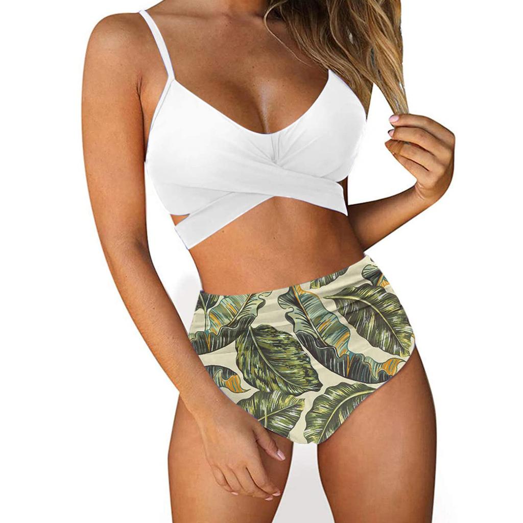 Two Piece Swimsuit For Women High Waisted Sexy Bathing Cross Push Up Bra Bikini Floral Print Wrap Swim Bottom