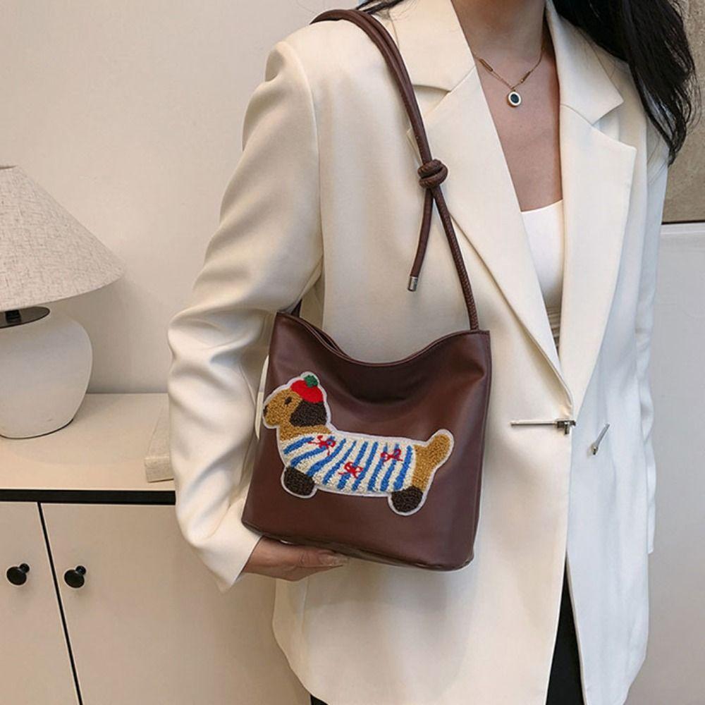 Square Bag Embroidery Shoulder Bag Towel Dachshund Puppy Underarm Bag Sweet   Women
