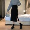 New High-Waisted Black Midi A-Line Skirt with Slit - Slimming, Versatile, Plus Size