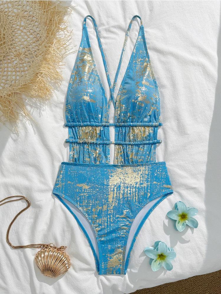 Costume da Bagno Bikini Sexy a Triangolo con Incrocio e Lacci sulla Schiena, Scollo a V Profondo, per la Spiaggia Estiva
