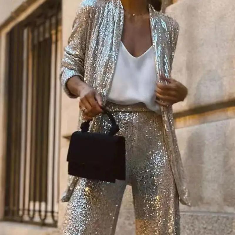

Модный комплект с пайетками, женский прямой тонкий блестящий пэчворк, костюм, верхняя одежда и женские брюки, комплекты, женские наряды S