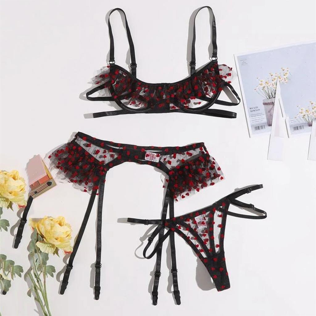 Sexy Lingerie Women Mesh Hollow Out See Through Underwear 3 Piece Set Garters Open Bra Erotic Suit