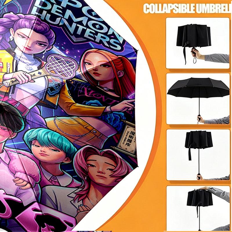 Custom Name Personalized Kpop Demon Hunter Print Umbrella, Auto Open Close, 8‑Rib Sturdy Frame, Commute Camping Hiking Use, Birthday Gift