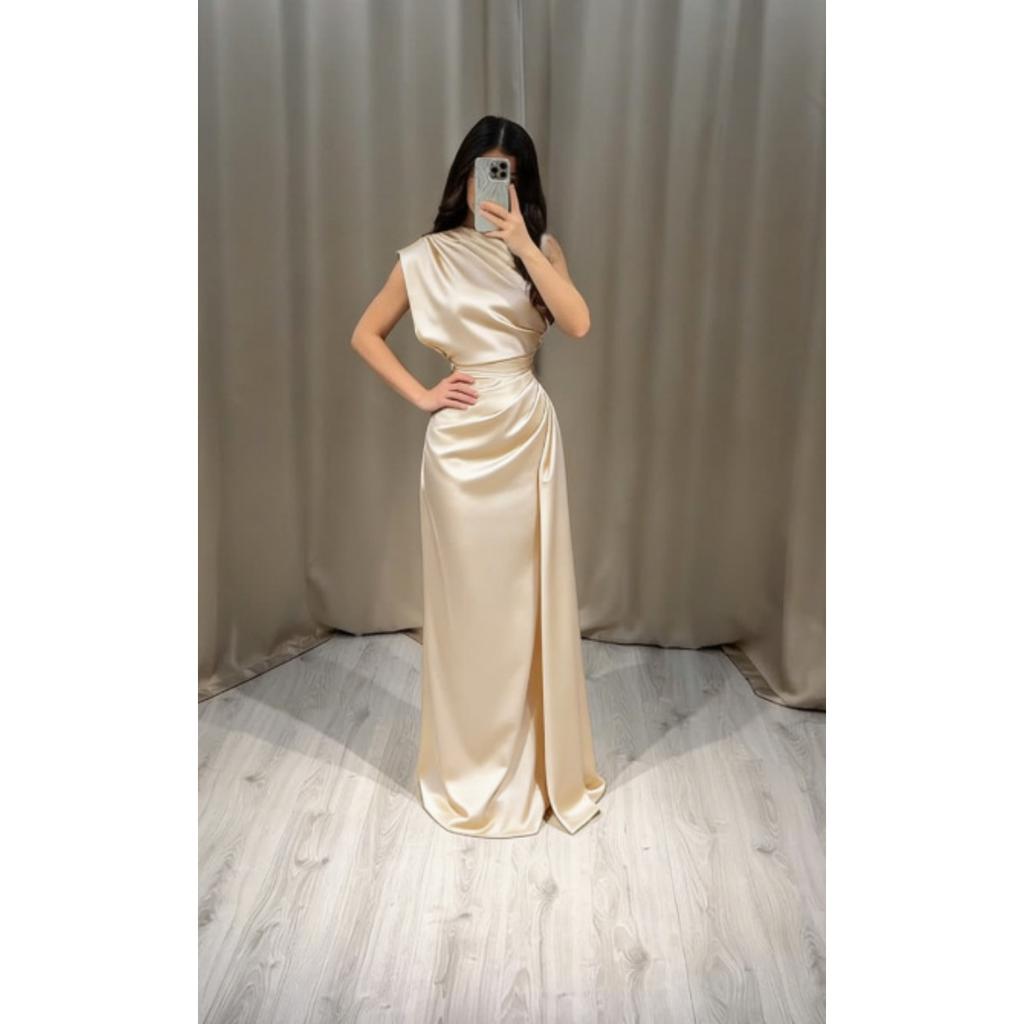 New Satin Round Neck Long Dress, High Waist Pleated Elegant Evening Party Gown