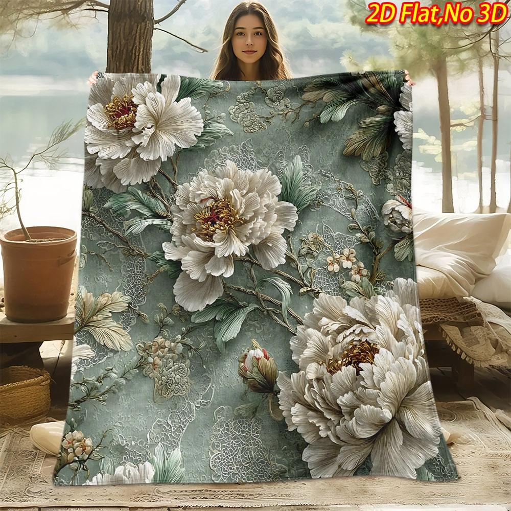 1pc Elegant White Peony & Lace Blanket - Soft Flannel Suitable for All Seasons, Machine Washable Bedspread/Throw, Cozy Bedding Gift for, 100% Polyeste