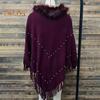 Damen Herbst Winter Mantel Quaste Perlen Dekor Kunstpelz Dekor Dreiecksform Einfarbig Gestrickt Warm halten Elastischer Poncho Bolero Bohème Stil Kabelwickel