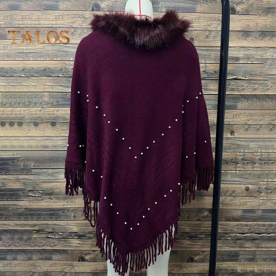 Women Fall Winter Cloak Tassel Bead Decor Faux Fur Decor Triangle Shape Solid Color Knitted Keep Warm Elastic Poncho Shrug Bohemian Style Cable Wrap