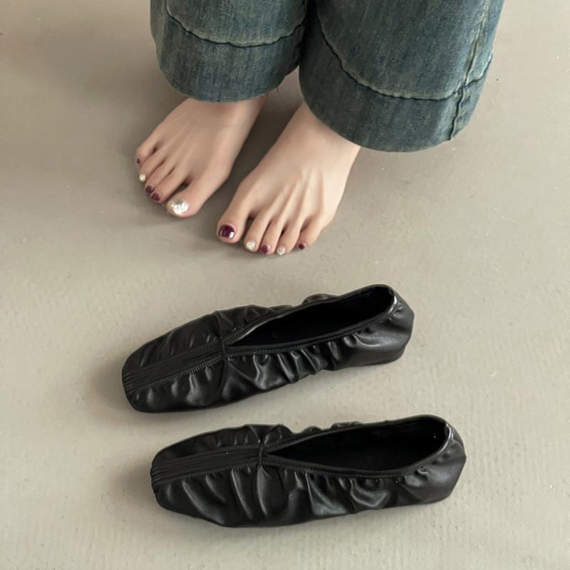 Fashion retro single shoes pleated ballet flats women's autumn temperament one pedal square head Mary Jane grandma shoes