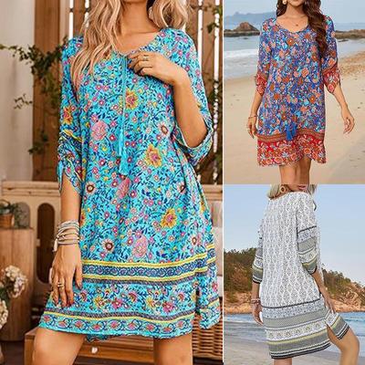 Damska sukienka maxi z dekoltem w serek, kwiatowym wzorem, luźna, boho, z frędzlami, etniczna, plażowa, z rozcięciem, krótka sukienka