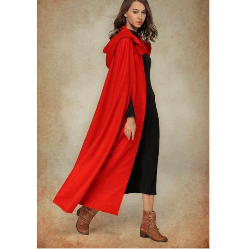 Cappotto Mantella Lungo da Donna in Misto Lana con Cappuccio Silhouette a Pipistrello Costume da Esterno per Cosplay di Halloween