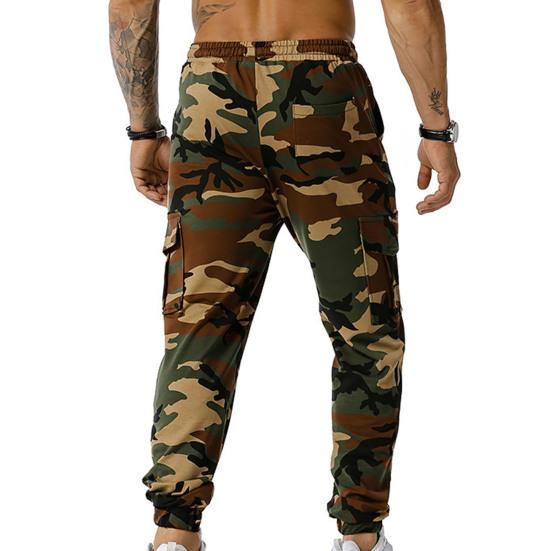 Men Sweatpants Camouflage Drawstring Elastic Waist Multi Pockets Streetwear Loose Ankle Tied Cargo Pants for Training Running Fitness