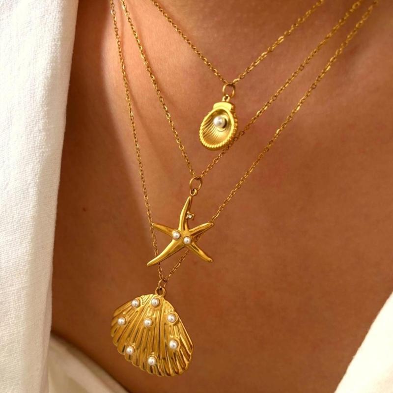 Ocean Themed Starfish Shell Stainless Steel Adjustable Lightweight Necklace Fashion Jewelry For Women Daily Wear