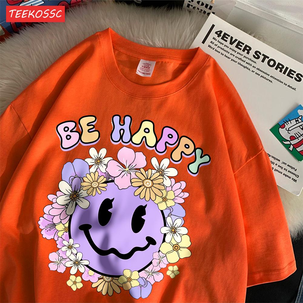Street Cotton Womans T-Shirts Be Happy Face Cartoons Printing Short Sleeve O-Neck Breathable Loose Tops Trend Female Clothes
