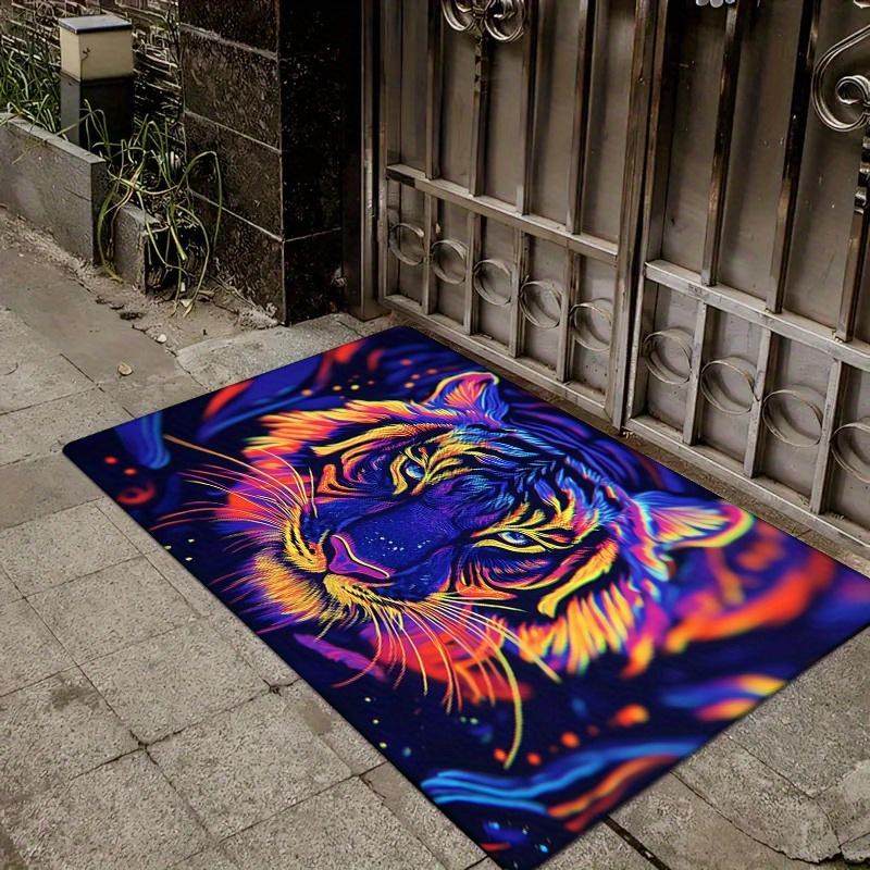Flannel Thickness 0.47inch - 1pc Neon Tiger Pattern Door Mat, Colorful Neon Lines, Tiger Image, Modern Art Style Printed Non-Sli