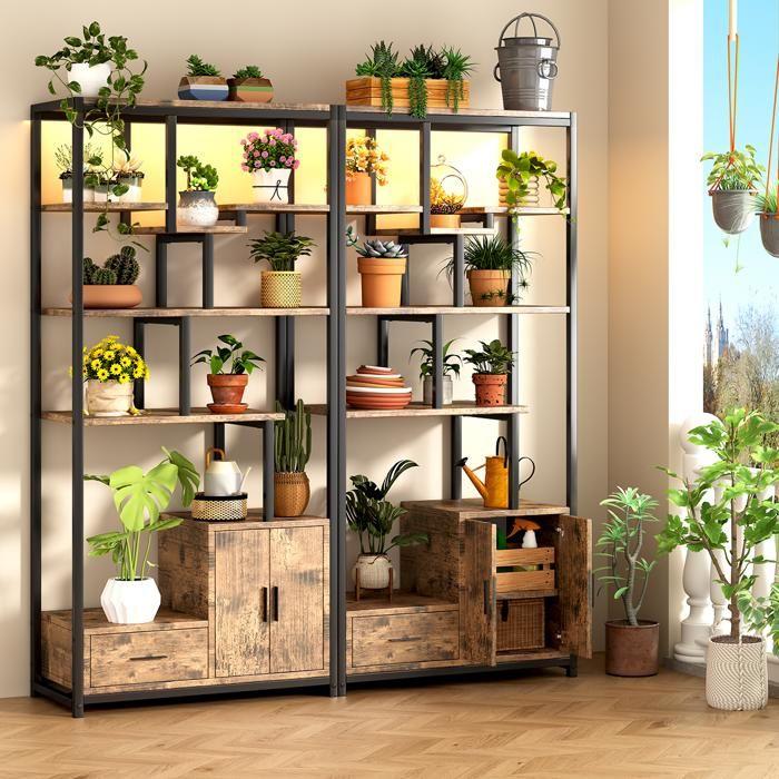 Libreria a 6 Livelli, Mobile Portaoggetti luminoso a LED, con Ante, 1 cassetto, Struttura in Acciaio, per Soggiorno, Ufficio, Camera da Letto