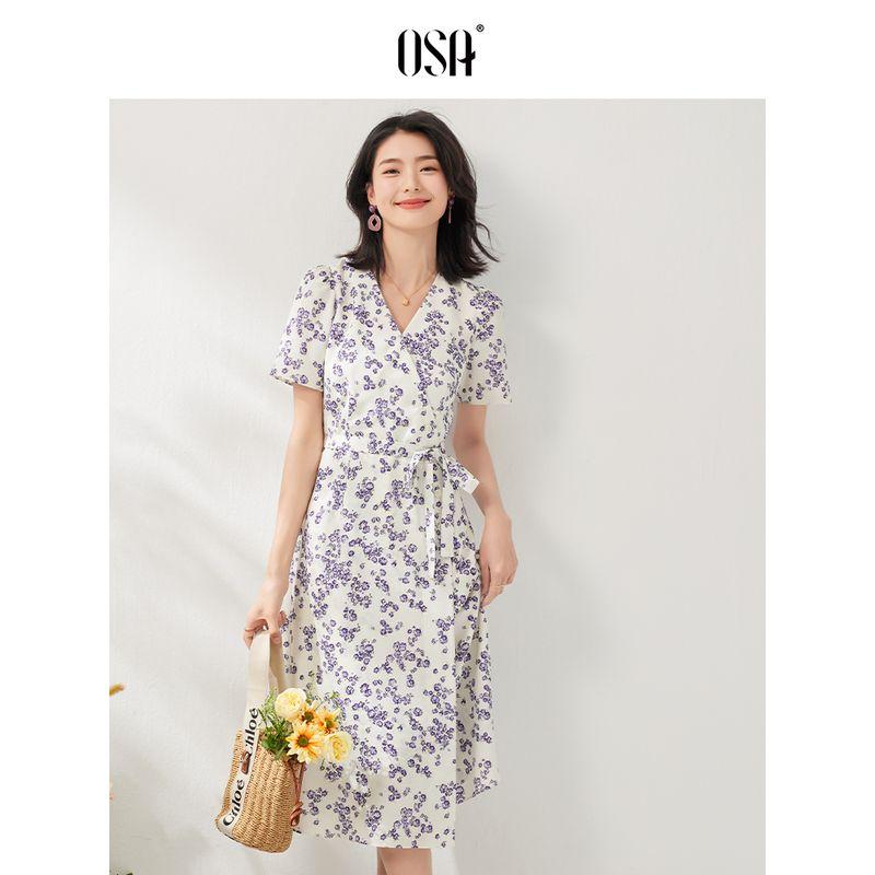 

OSA OSHA Slim Looking Elegant Tea Break Short Sleeve Dress Purple Flower with white background S