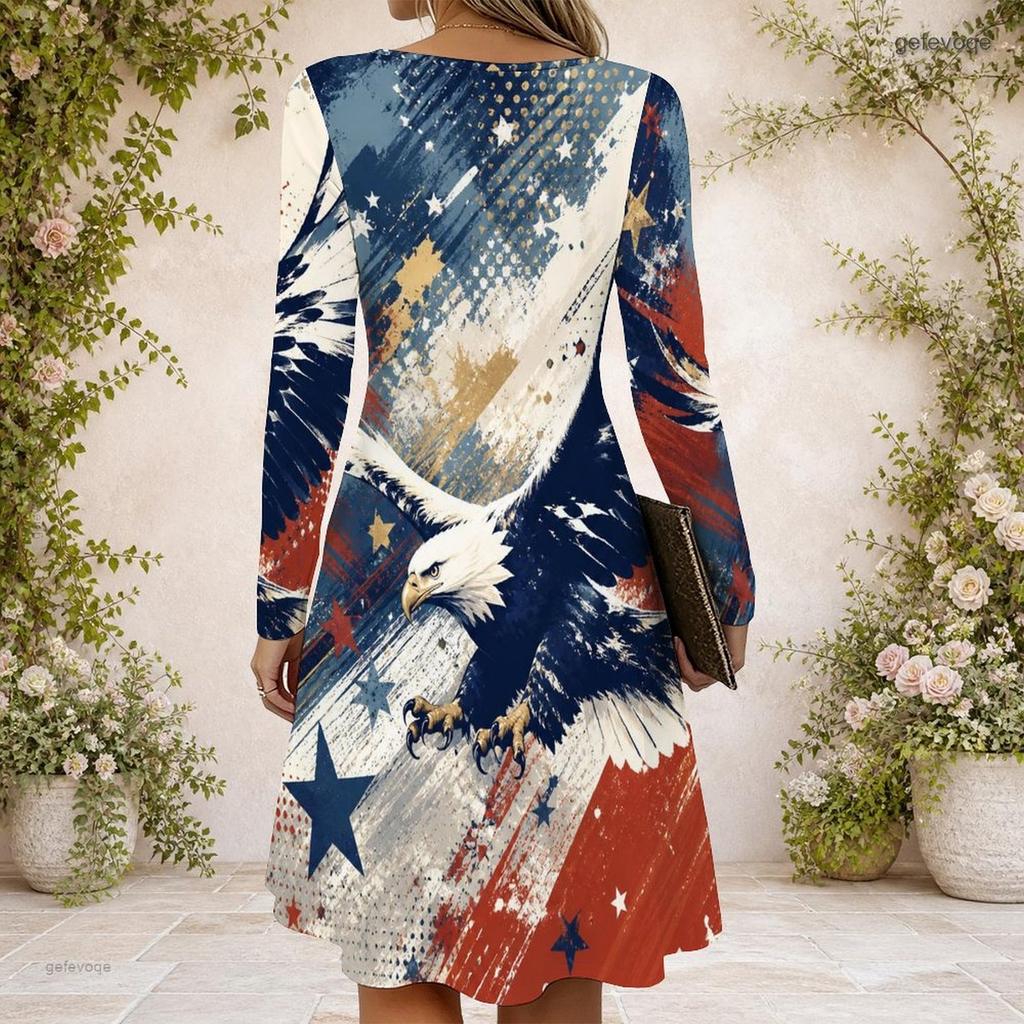 Women Dark Blue Galaxy Printed Criss Cross V Neck Long Sleeve Fitted Curved Hem Dress