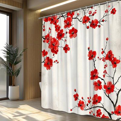 1 peça Cortina de Chuveiro Flor de Cerejeira Vermelha - Tecido Poliéster, Decoração para Casa Banheiro, Cortinas de Banho, Desenho Digital, Flores Vibrantes,