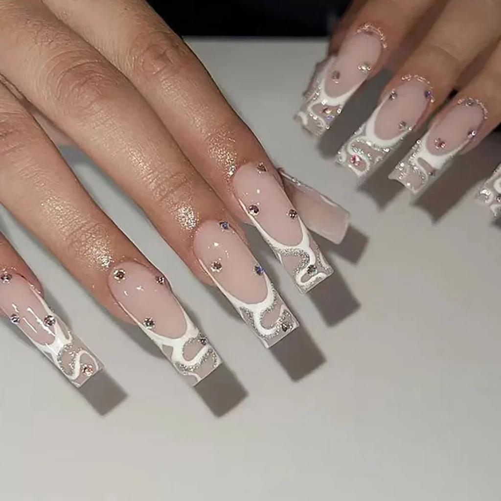 24Pcs Long Coffin False Nails with Love Rhinestone Design Pink French Ballet Fake Nails Manicure Tips Wearable Press on Nails