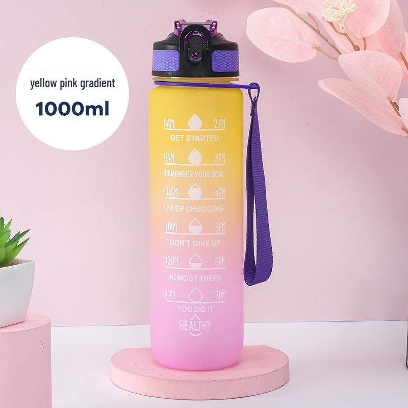 Gradient Color 1L Sports Water Bottle with Straw - Large Capacity Outdoor Plastic Space Cup