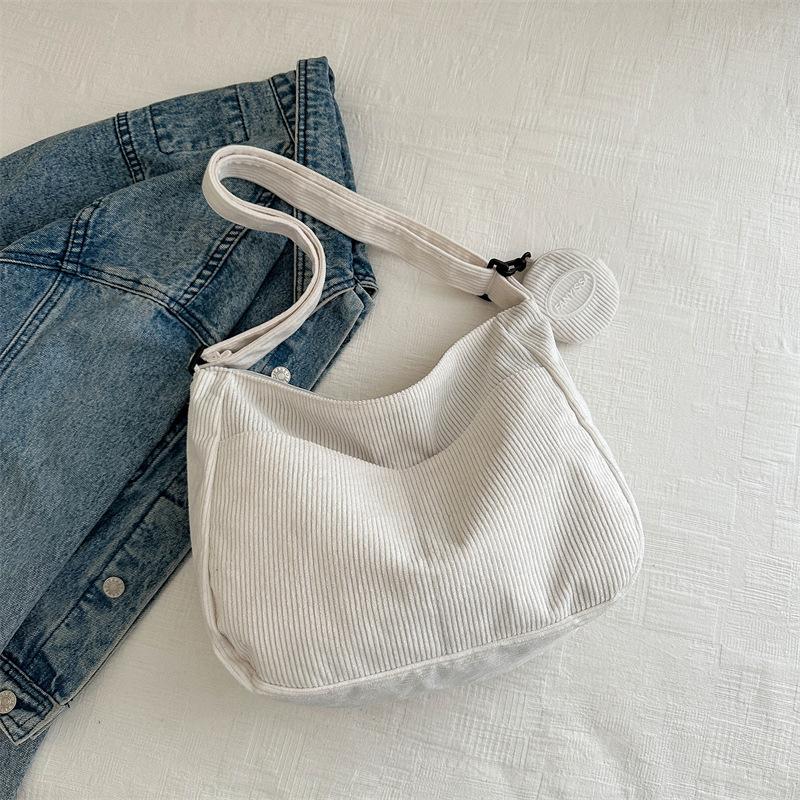 Large Capacity College Girls Simple Book Shoulder Bag Soft Corduroy Female Crossbody Bags Solid Colour Ladies Tote Purse Handbag
