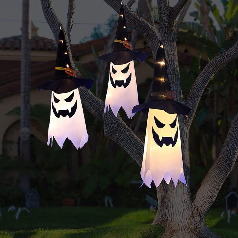 Tree Flashing LED Indoor Outdoor Hanging Light Witch Hat Halloween Decoration Glowing Ghost