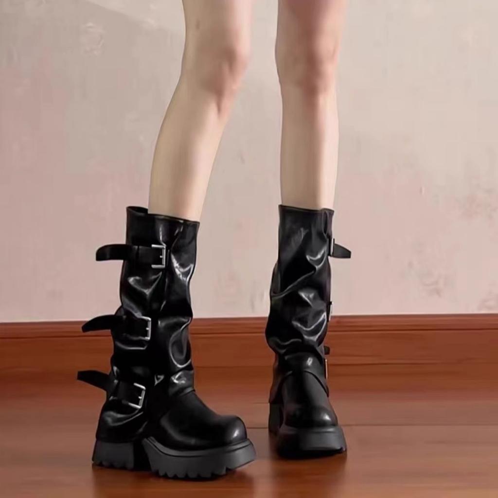 Wasteland Wind Brown High Heel Platform Knight Boots Women's Long Boots Martin Boots Wrinkled Tall Pile Long Boots