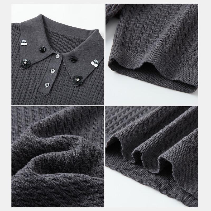 Demana Damen Pailletten Blumen Kurzarm Polo Strickoberteil
