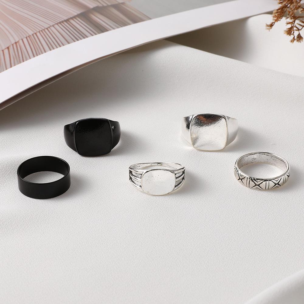 Combination Ring, Simple Gun Black Large Ring 5-Piece Set