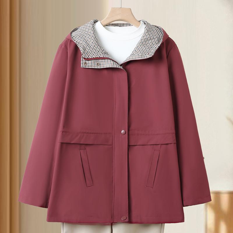 Women's Plus Size Casual Hooded Coat – Plaid Trim Hood Windproof Jacket (Sizes 3XL-7XL) for Middle-Aged Women