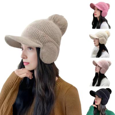 Knitting Hat Solid Color Plush Ball Decor Ear Protection Winter Hat Winter Thickened Warm Windproof Hat Headwear