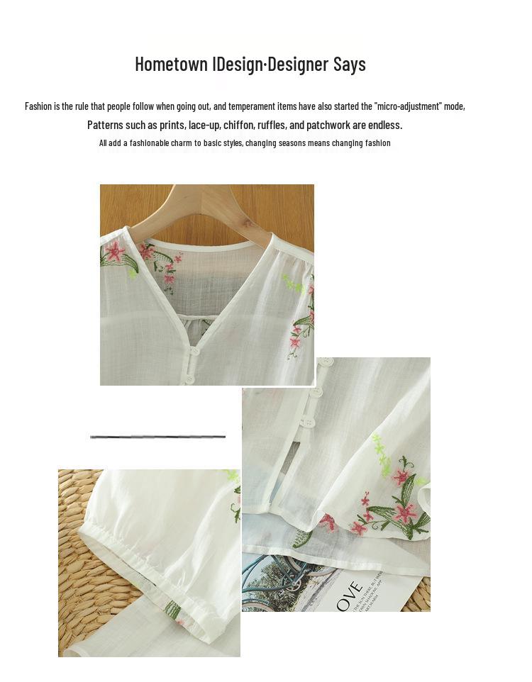 Summer 2025 Women’s V-Neck Chinese Embroidery Shirt: Retro, Loose, Slimming Design