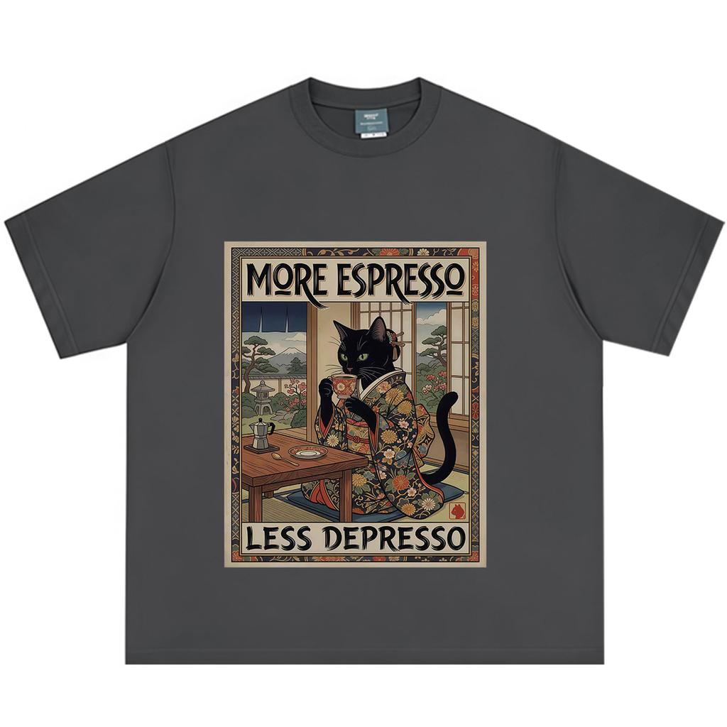 More Espresso Less Depresso Japanese Funny Cat Meme Tshirt Unisex Unisex Vintage Fashion Tshirt Summer Loose Casual Cotton Tshirts
