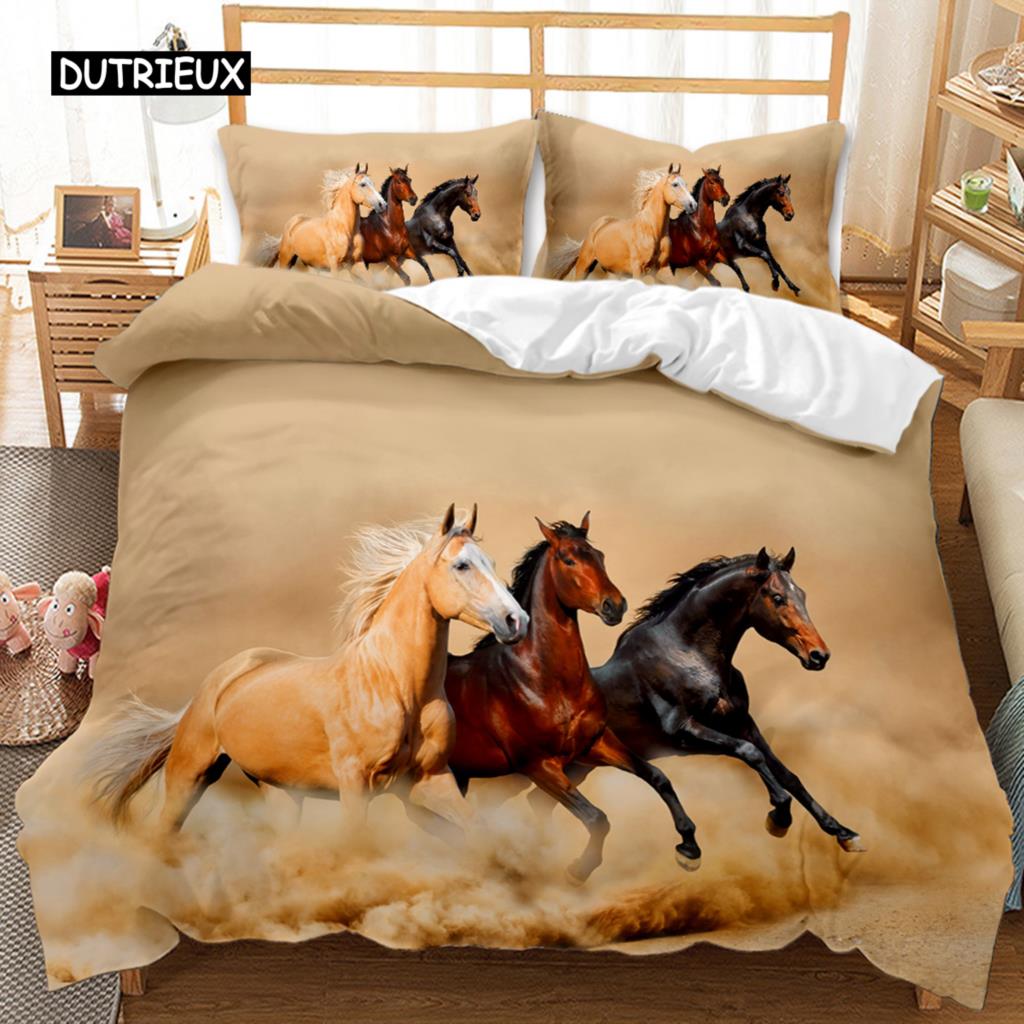 Horse Duvet Cover Set 3D Steed Print Comforter Cover Wildlife Bedding Set Animal Polyester Quilt Cover Double Queen King Size