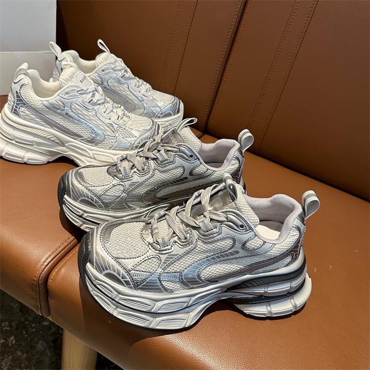 Buty sportowe letnie srebrne grube dno buty pops damskie buty zwiększające wzrost oddychająca siateczka cienkie modele wygodne klasyczne codzienne trampki