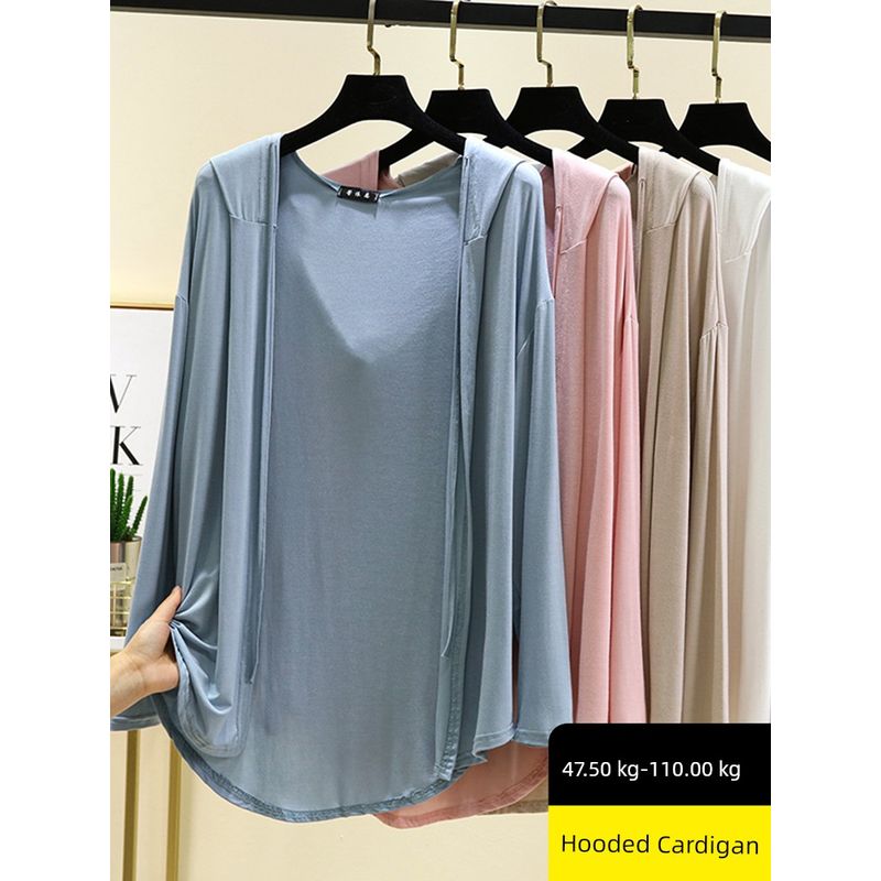 Long Sleeves Modal Hooded Cardigan Women's Thin Loose Outer Wear Sun Protection Top Plus Size Loose Pure Color Casual Outwear