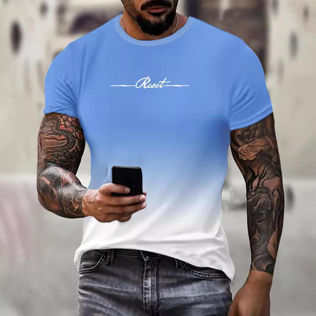 Sommer Rund Hals 3D Gradient Bokstaver Trykk Topp Fasjonable Casual Kortarmede Herre T-skjorter