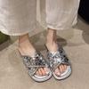Flat bottom beautiful small cool slippers women's summer wear new high-end silver sequins with skirt one-word drag
