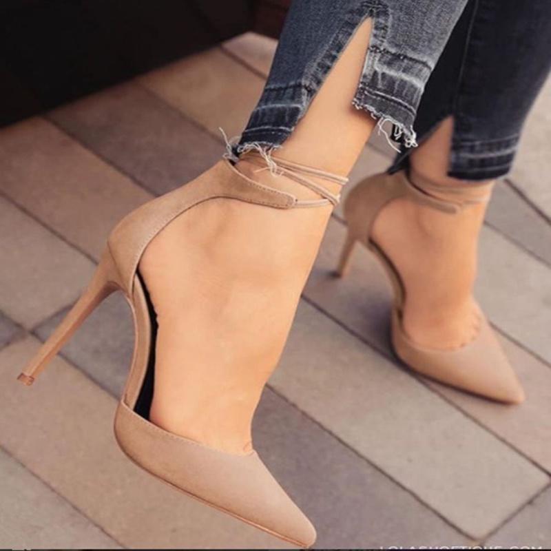 Elegant Women Fashion Suede High Heeled Sandals With Pointed Toe And Bandage Design