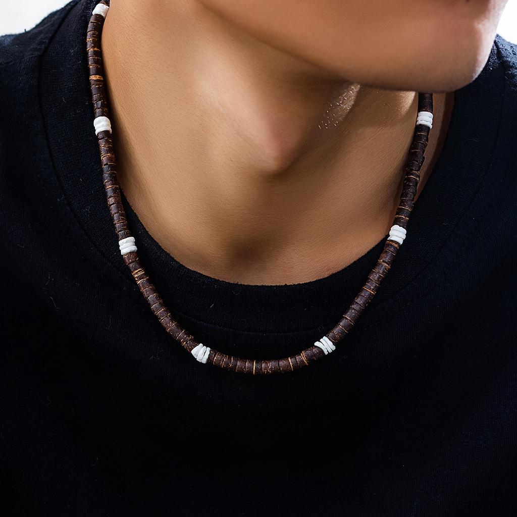 IngeSight.Z Handmade Natural Surfer Choker Necklace for Men Vintage Brown Wood Beads Necklace Tribal Jewelry Gift