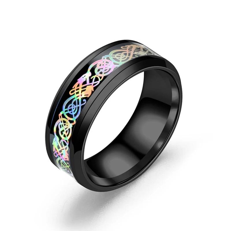 

Men s 8mm Stainless Steel Ring with Rainbow Celtic Dragon Pattern Fashion Wedding Engagement Band Charm Gift 13&No Engrave чорний