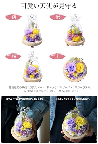 Preserved Flowers, Birthday Gift for Women, Large Angel Glass Dome, Never-Dying Purple-Yellow Roses, Popular Gift for White Day, Respect for the Aged