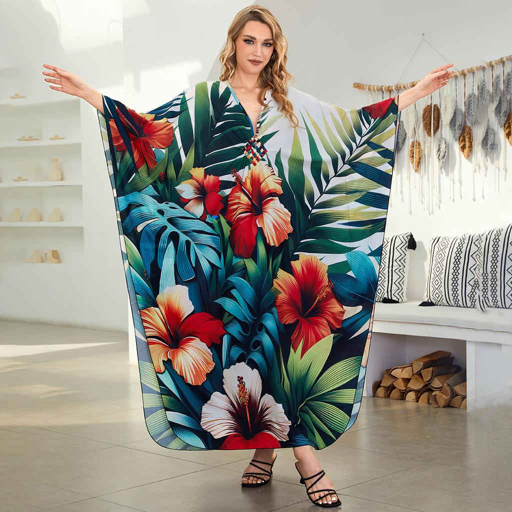 Women's Fashion Summer Spring Feather Print 3/4 Sleeves V-Neck Loose Waistline Casual Dresses