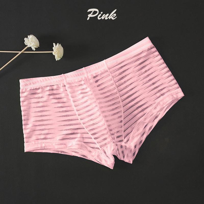 Men Sexy Bulge Pouch Underpants Striped Ultra-Thin Low-Waist Transparent Mesh Boxer Ice Silk