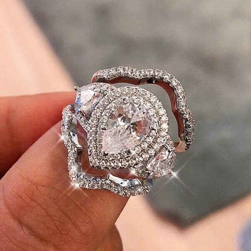 

Huitan Gorgeous Pear Cubic Zirconia 3Pcs Set Rings Women for Wedding Engagement Party Luxury Trendy Copper Color Female Zircon 6